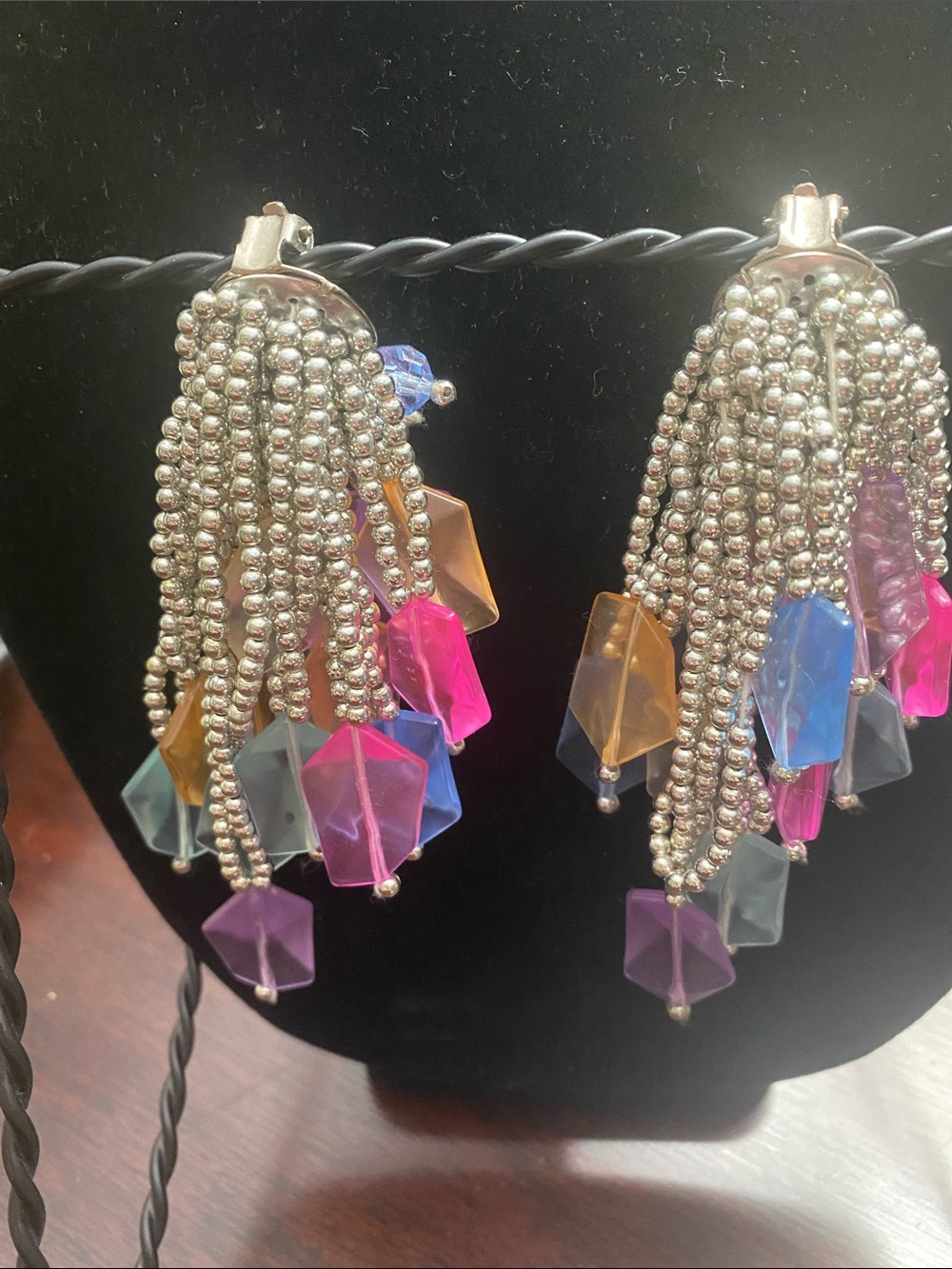 VINTAGE… Colorful Beaded Tassel Drop Earrings - Pink, Blue & Gold Accents